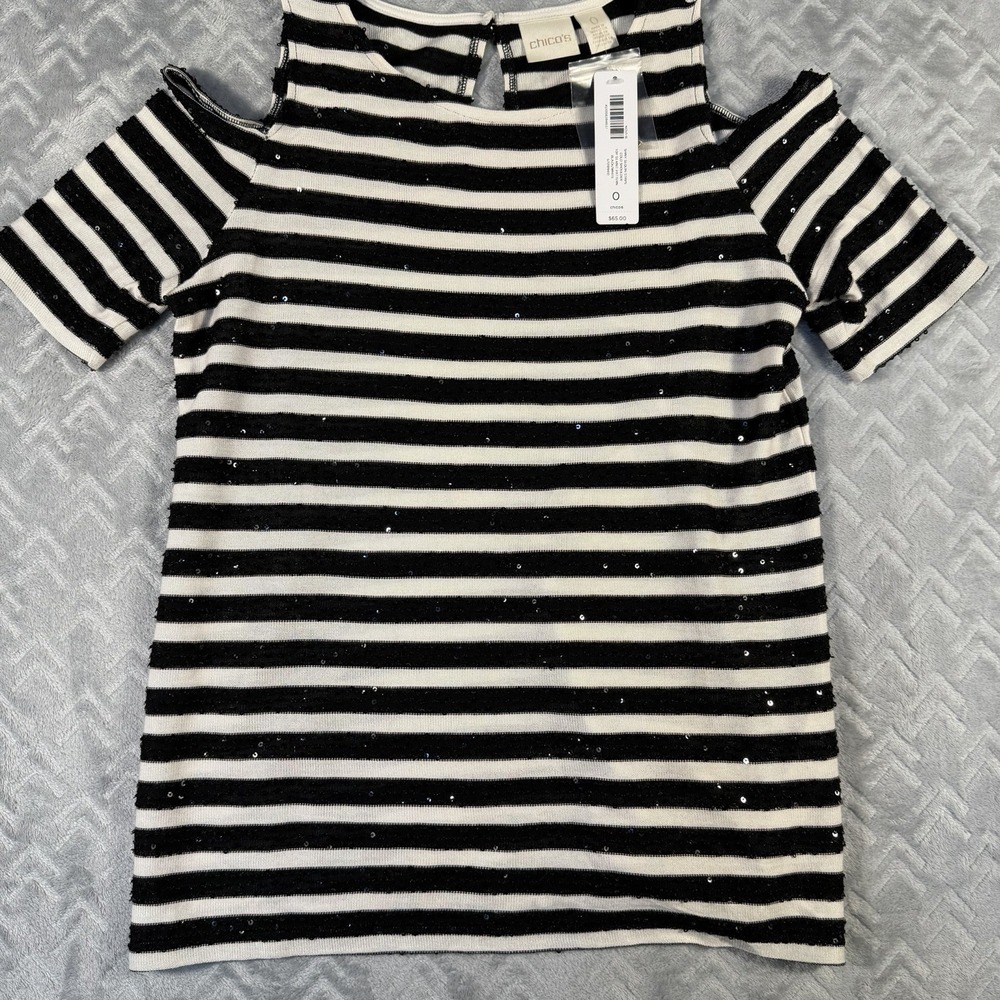 Chico's Women's Small (0) Shiny Sequin Stripe Cold Shoulder Top Black/White NWT‎